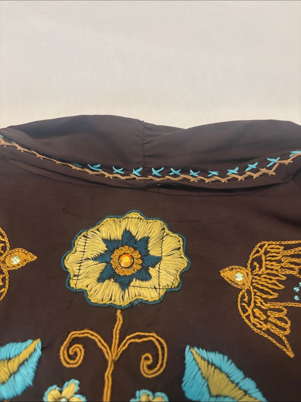 Double D Ranch Brown Cardigan SZ S/M w/Yellow-Gold and Turquoise Embroidery - Picture 10 of 10